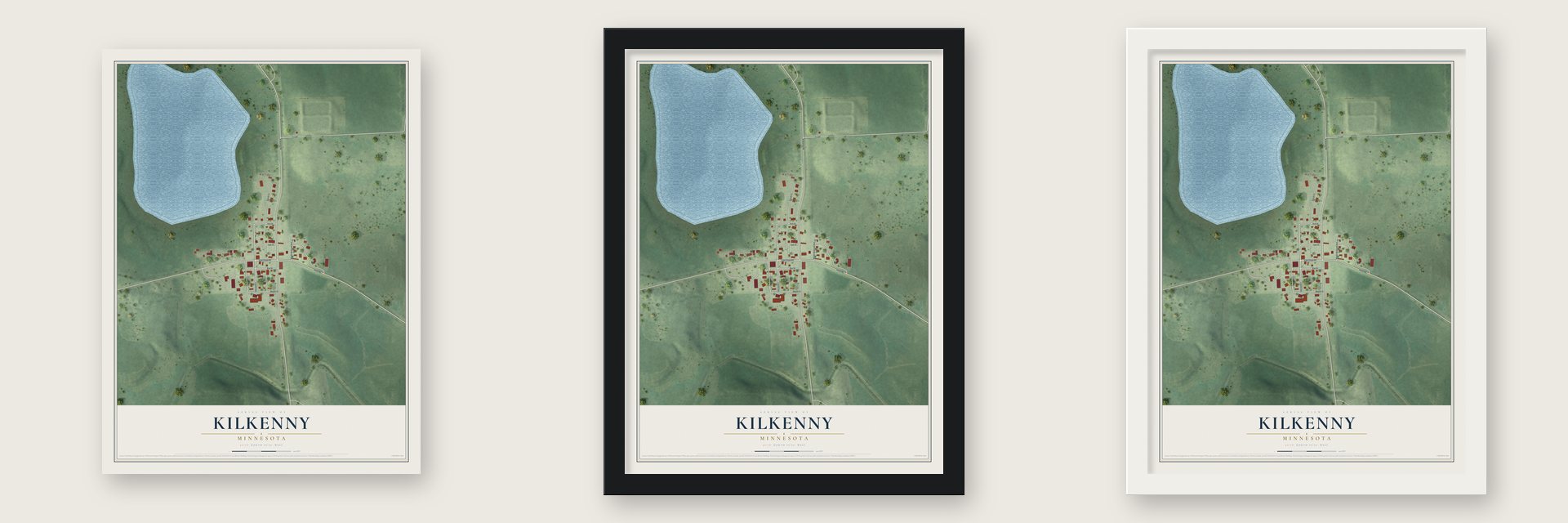 Kilkenny, Minnesota map unframed, in a black wood frame and in a white wood frame