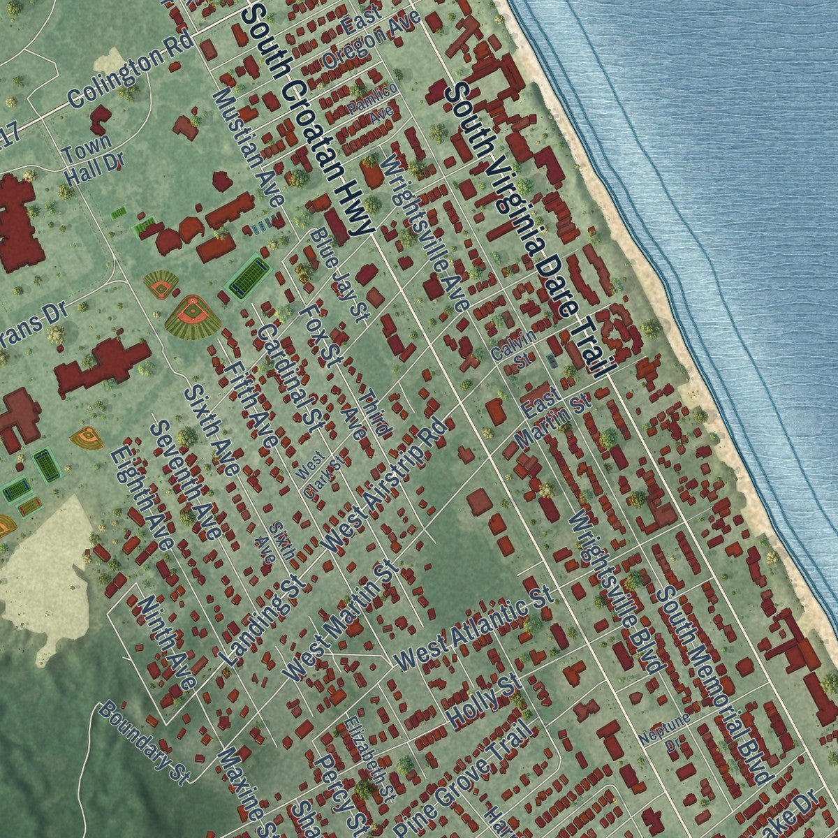 Second close-up of the map of Kill Devil Hills, North Carolina print showing more streets and buildings