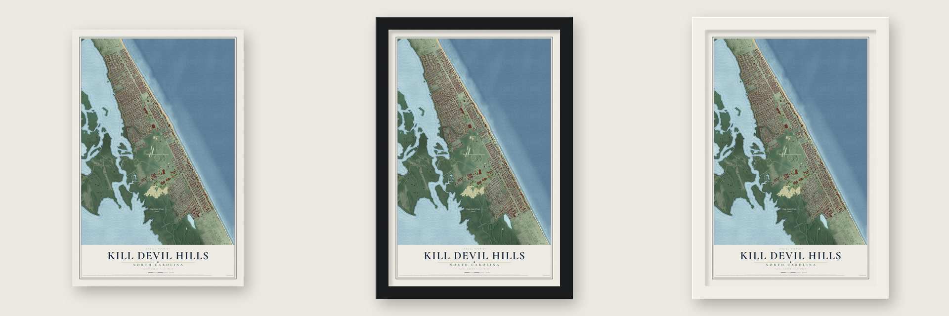 Kill Devil Hills, North Carolina map unframed, in a black wood frame and in a white wood frame