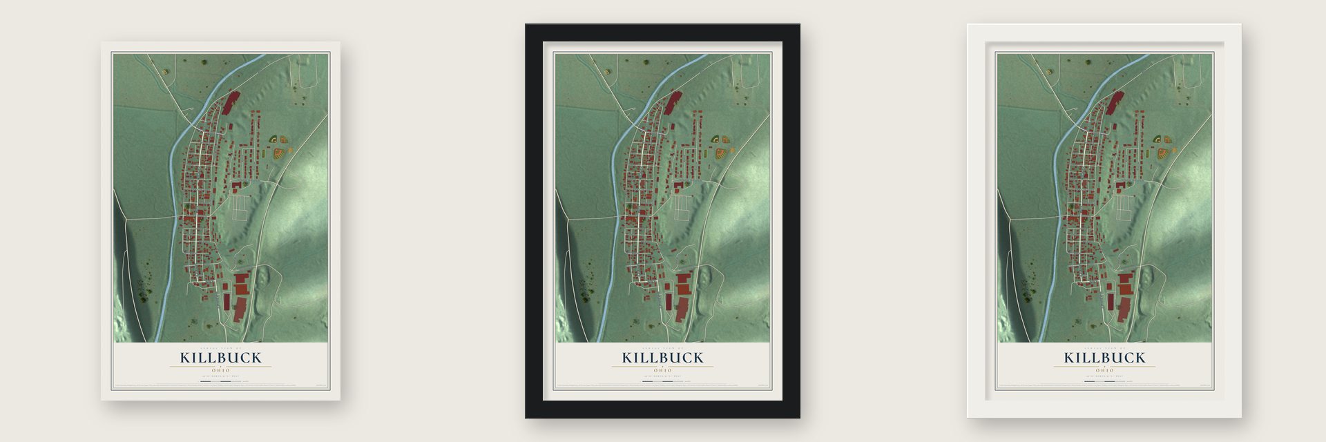 Killbuck, Ohio map unframed, in a black wood frame and in a white wood frame