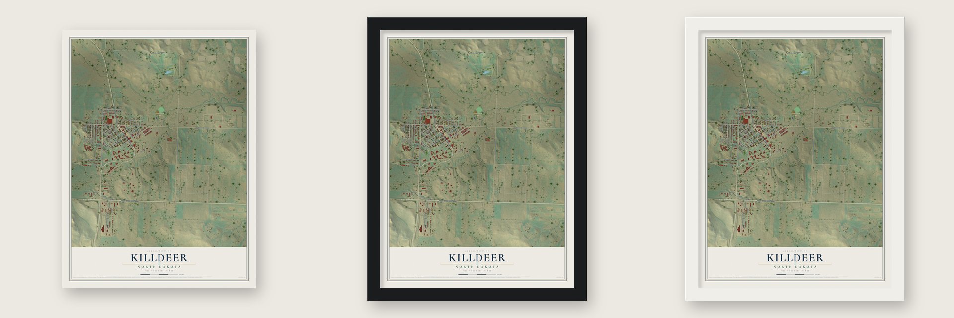 Killdeer, North Dakota map unframed, in a black wood frame and in a white wood frame