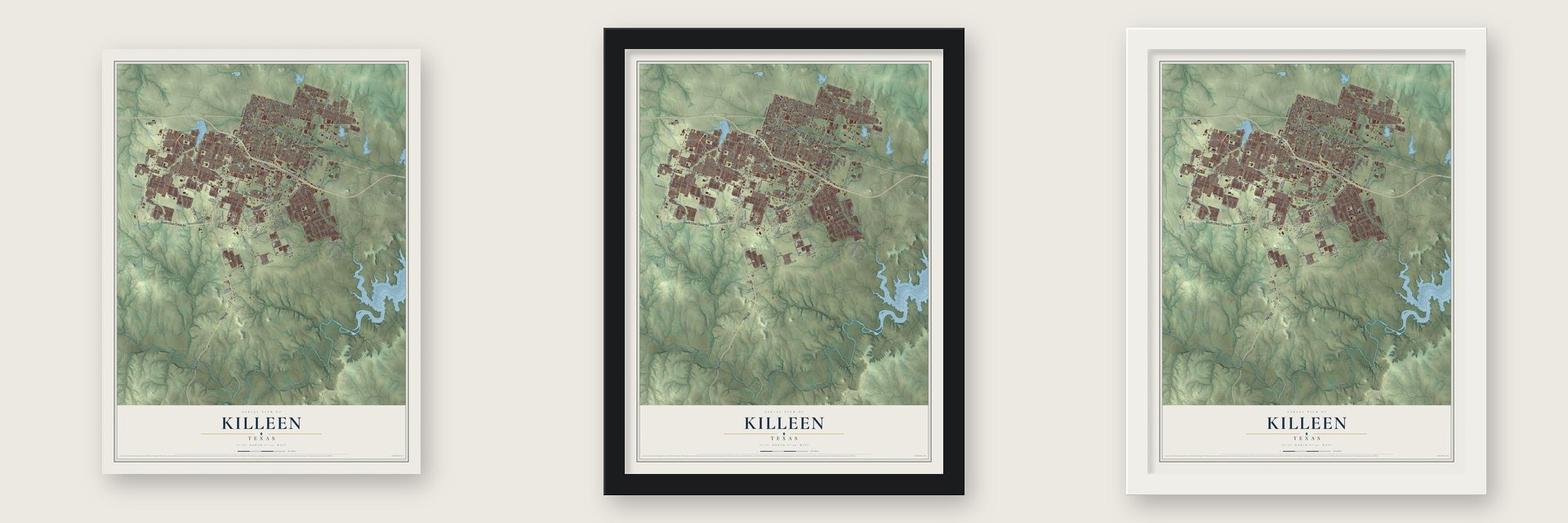 Killeen, Texas map unframed, in a black wood frame and in a white wood frame