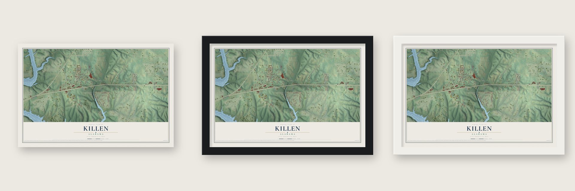 Killen, Alabama map unframed, in a black wood frame and in a white wood frame