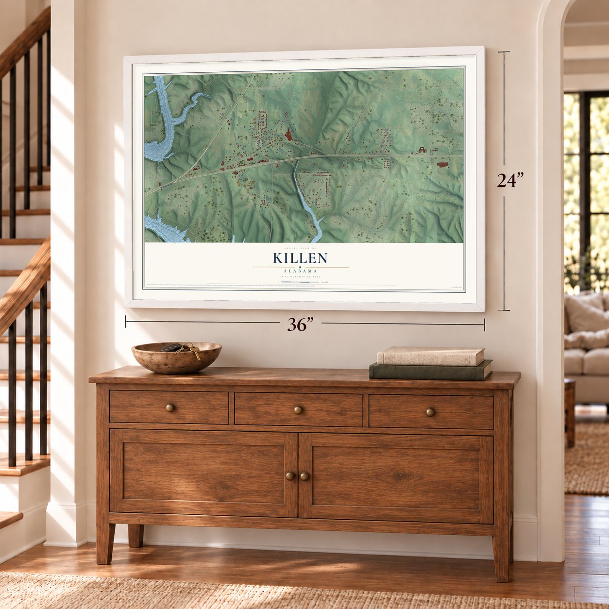 Killen, Alabama map, 24 x 36 inch print in a white frame above a dresser by a staircase