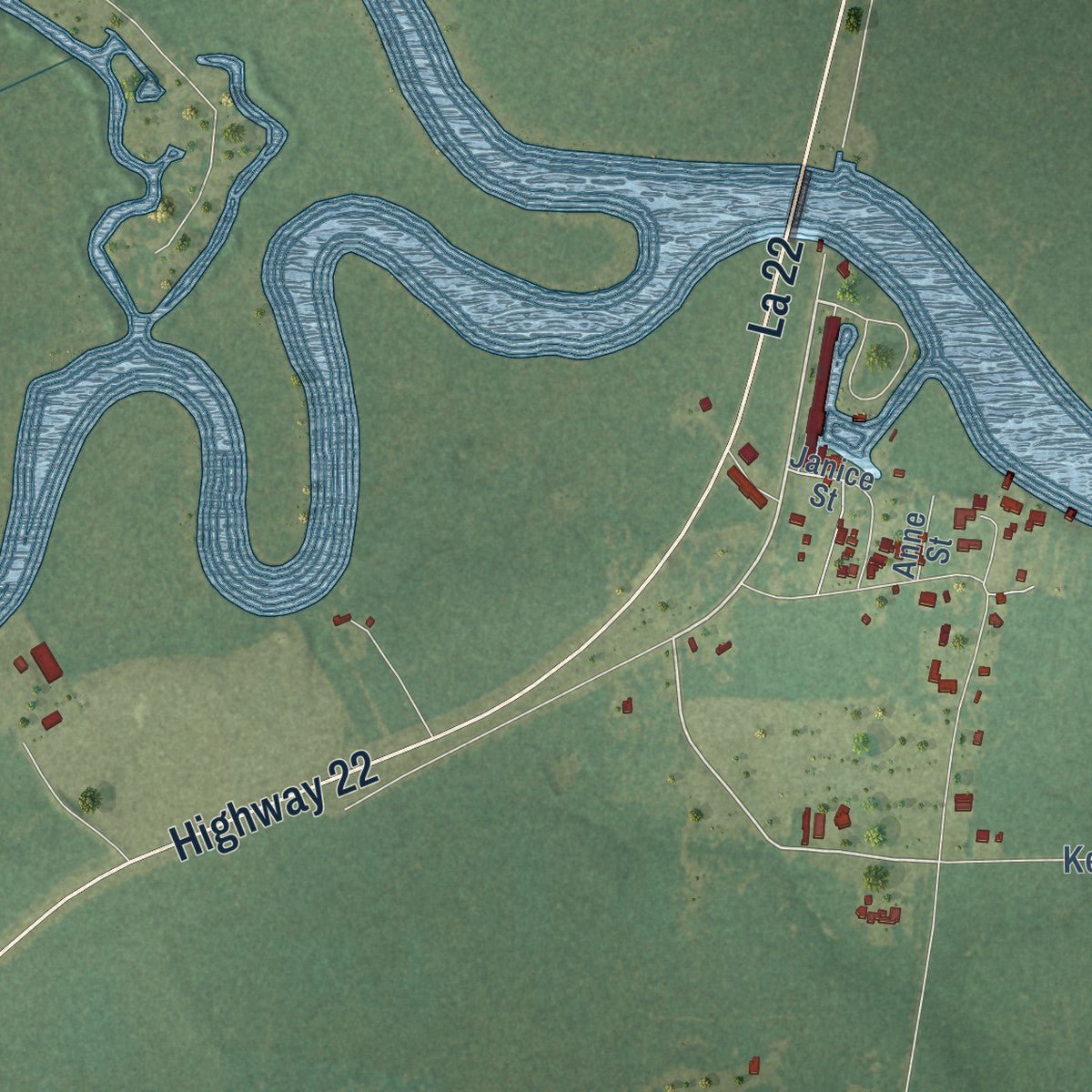Second close-up of the map of Killian, Louisiana print showing more streets and buildings