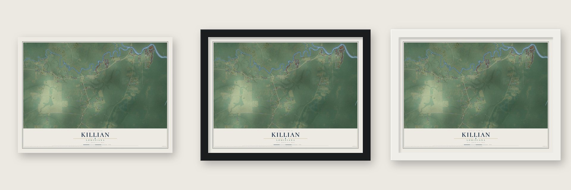Killian, Louisiana map unframed, in a black wood frame and in a white wood frame