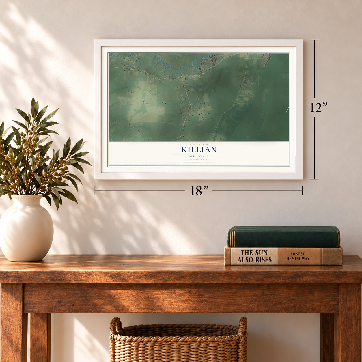 Killian, Louisiana map, 12 x 18 inch print in a white frame in an entryway