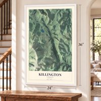 Killington, Vermont map, 24 x 36 inch print in a white frame by a staircase