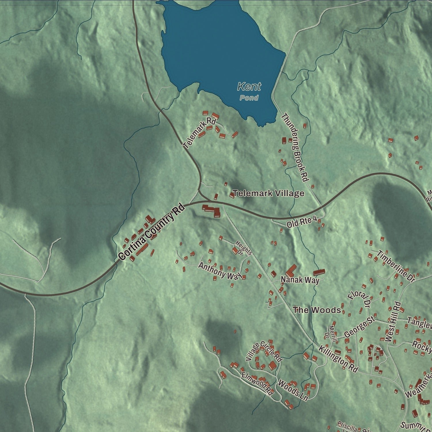 Close-up of the map of Killington Village, Vermont print showing terrain and local geography
