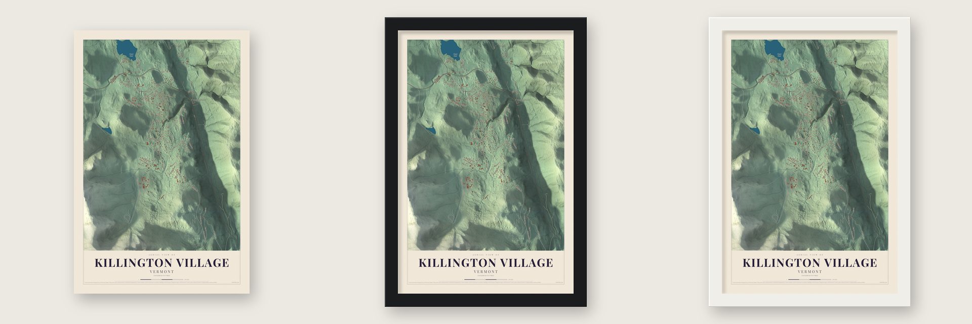 Killington Village, Vermont map unframed, in a black wood frame and in a white wood frame