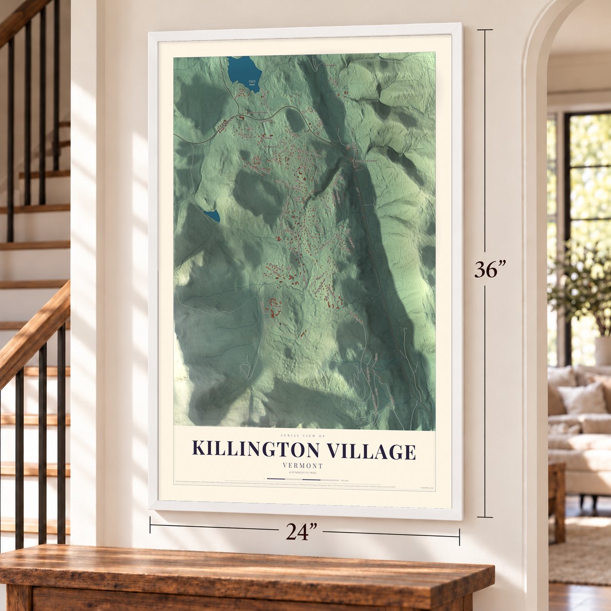 Killington Village, Vermont map, 24 x 36 inch print in a white frame by a staircase