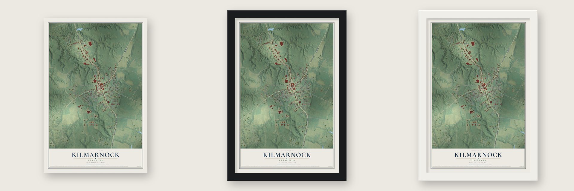 Kilmarnock, Virginia map unframed, in a black wood frame and in a white wood frame