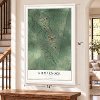 Kilmarnock, Virginia map, 24 x 36 inch print in a white frame by a staircase