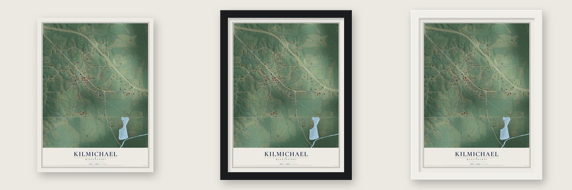 Kilmichael, Mississippi map unframed, in a black wood frame and in a white wood frame