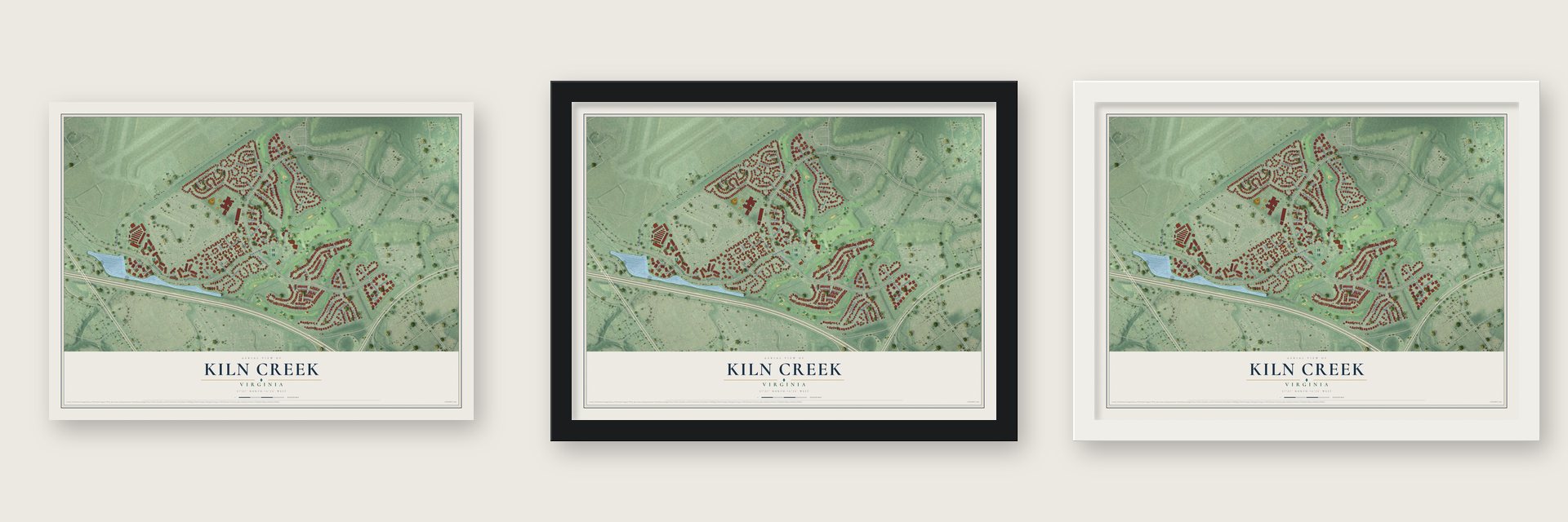 Kiln Creek, Virginia map unframed, in a black wood frame and in a white wood frame