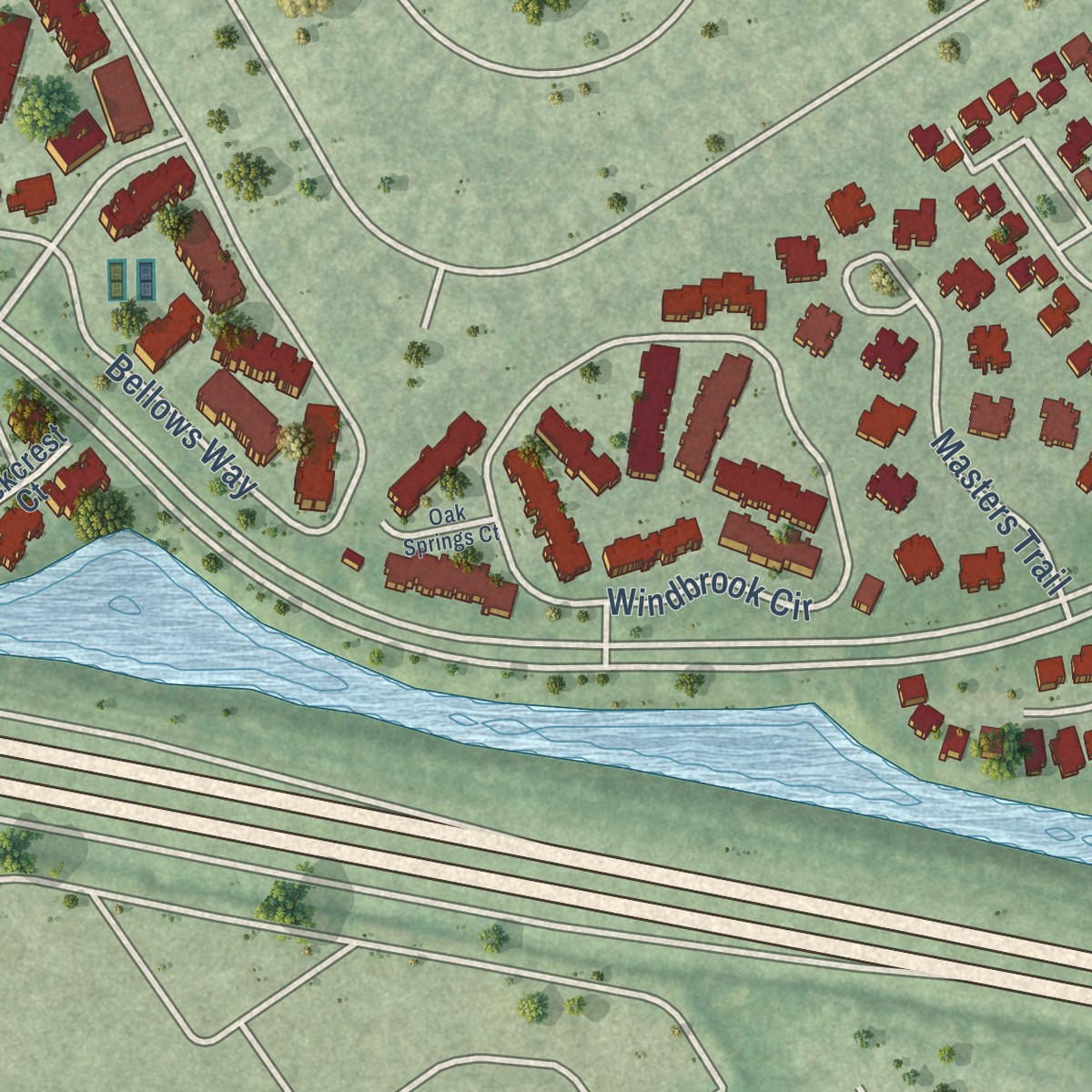 Second close-up of the map of Kiln Creek, Virginia print showing more streets and buildings