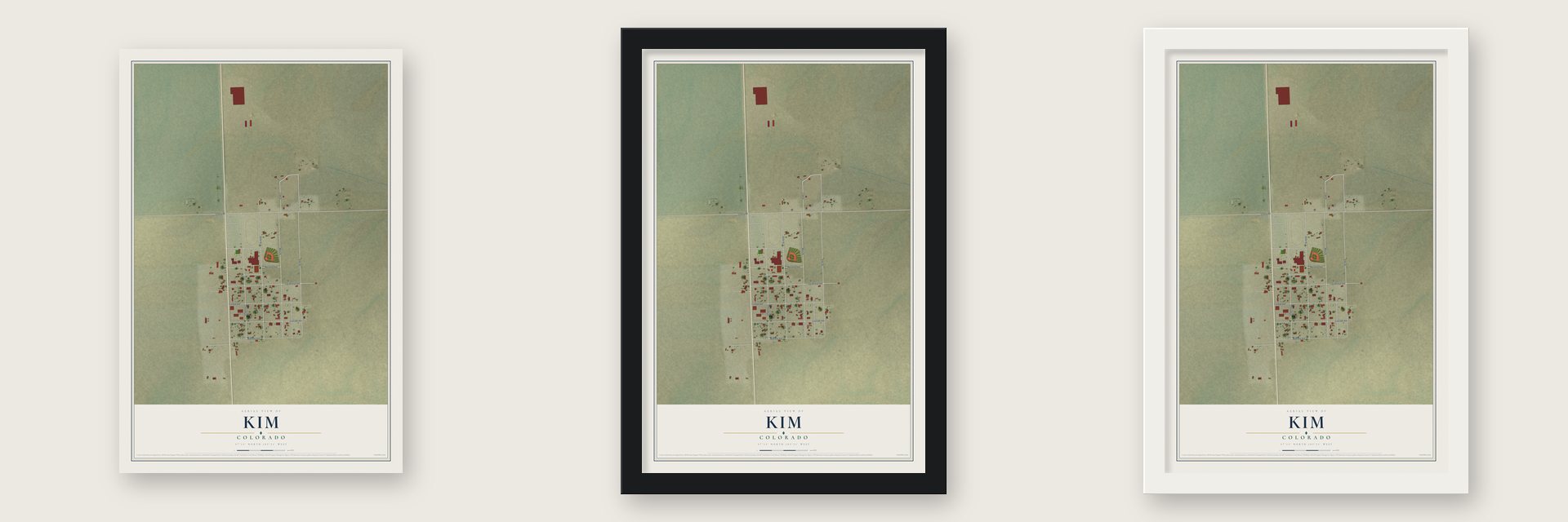 Kim, Colorado map unframed, in a black wood frame and in a white wood frame