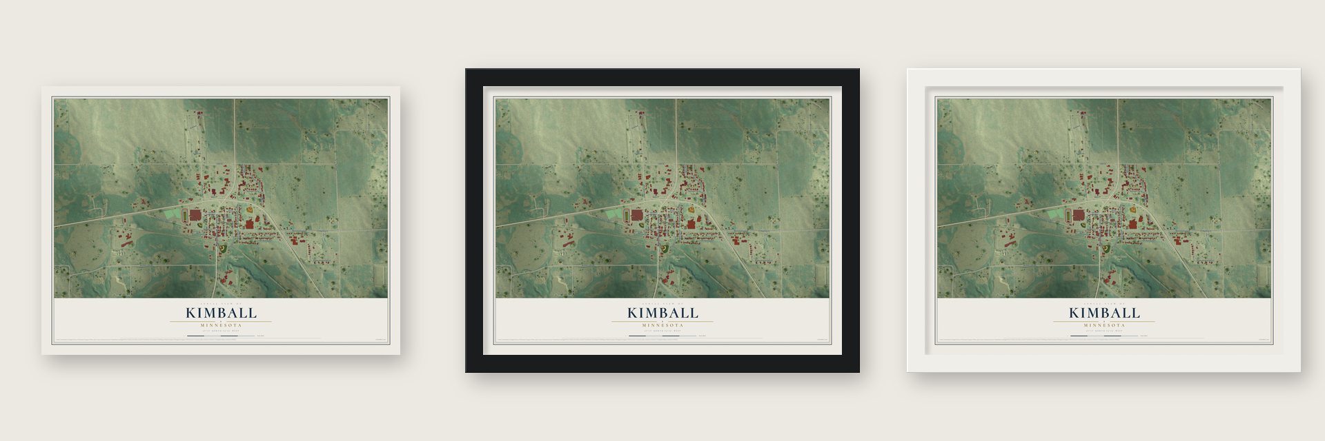 Kimball, Minnesota map unframed, in a black wood frame and in a white wood frame