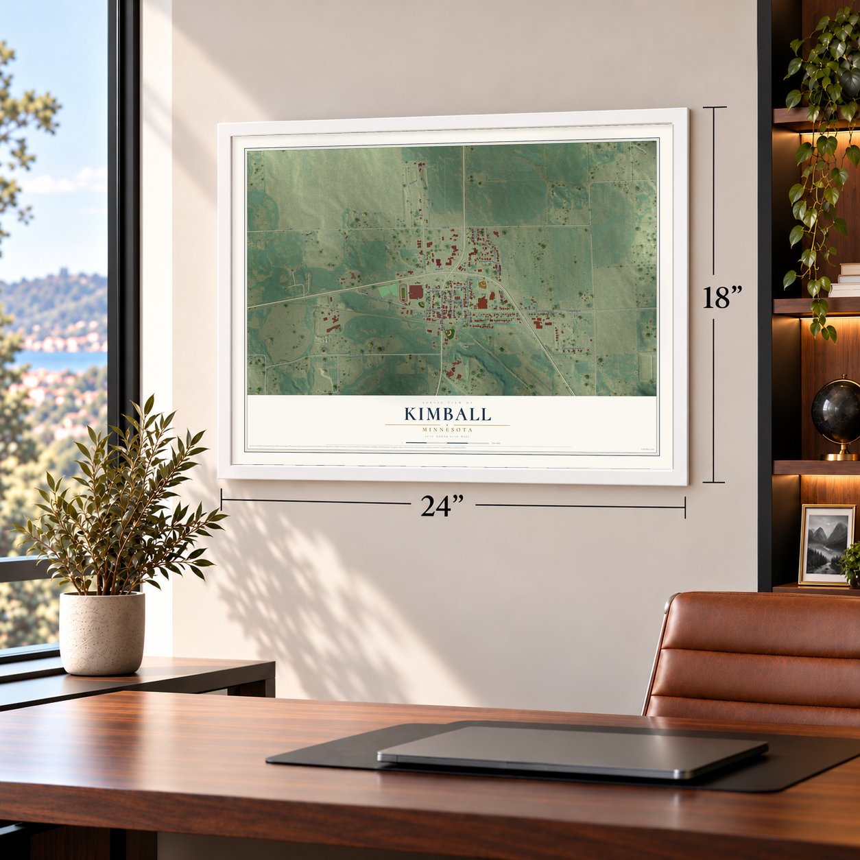 Kimball, Minnesota map, 18 x 24 inch print in a white frame in a home office