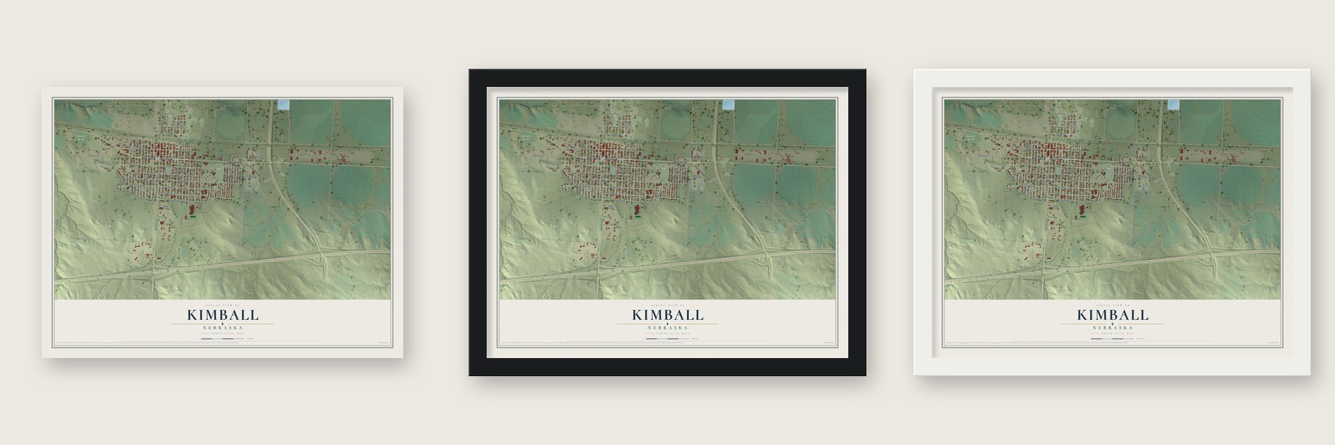 Kimball, Nebraska map unframed, in a black wood frame and in a white wood frame