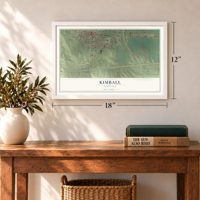 Kimball, Nebraska map, 12 x 18 inch print in a white frame in an entryway