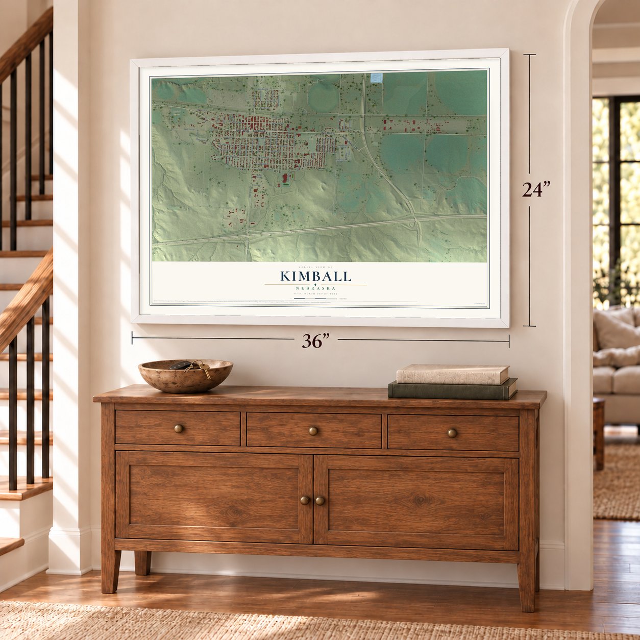 Kimball, Nebraska map, 24 x 36 inch print in a white frame above a dresser by a staircase