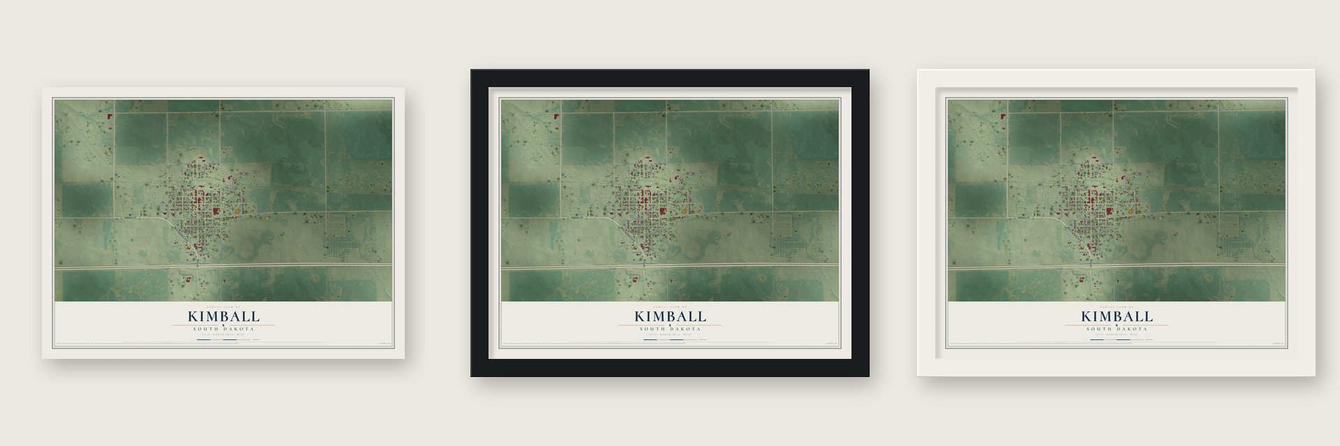 Kimball, South Dakota map unframed, in a black wood frame and in a white wood frame
