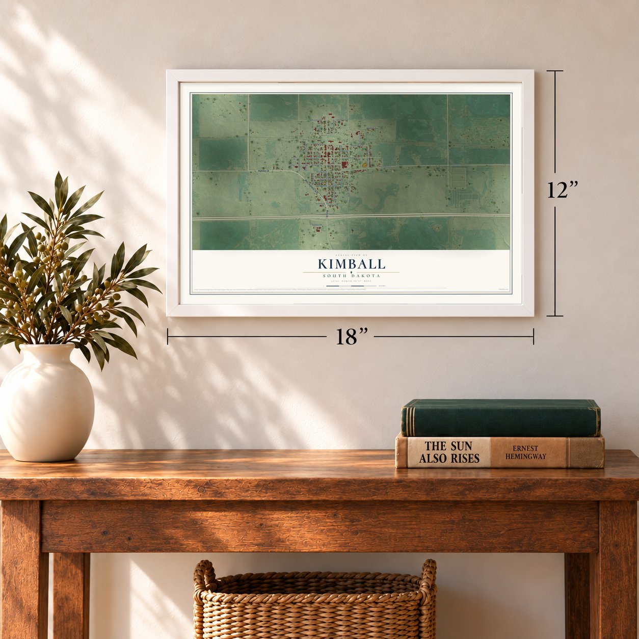 Kimball, South Dakota map, 12 x 18 inch print in a white frame in an entryway