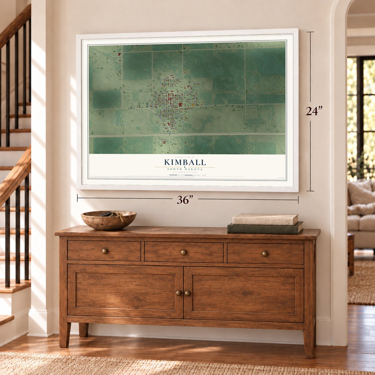 Kimball, South Dakota map, 24 x 36 inch print in a white frame above a dresser by a staircase