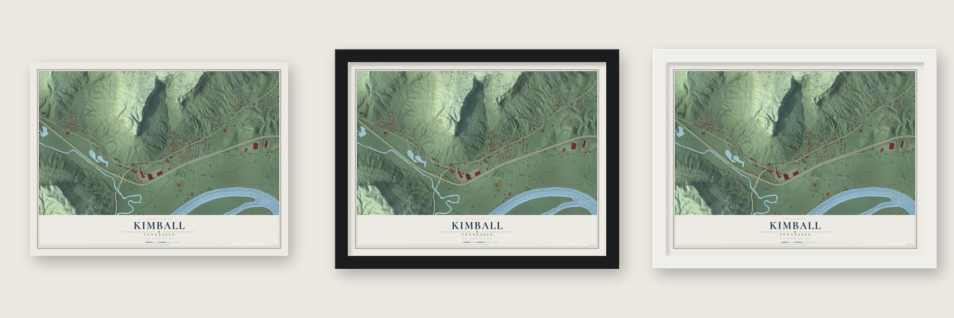 Kimball, Tennessee map unframed, in a black wood frame and in a white wood frame