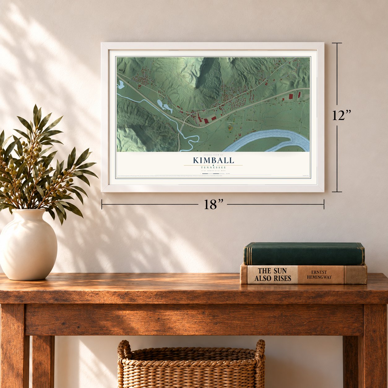 Kimball, Tennessee map, 12 x 18 inch print in a white frame in an entryway
