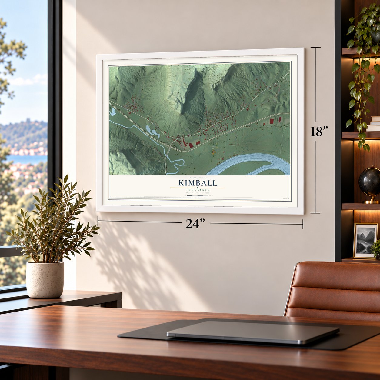 Kimball, Tennessee map, 18 x 24 inch print in a white frame in a home office