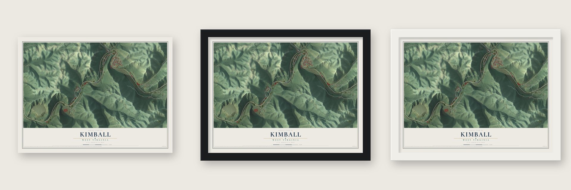 Kimball, West Virginia map unframed, in a black wood frame and in a white wood frame