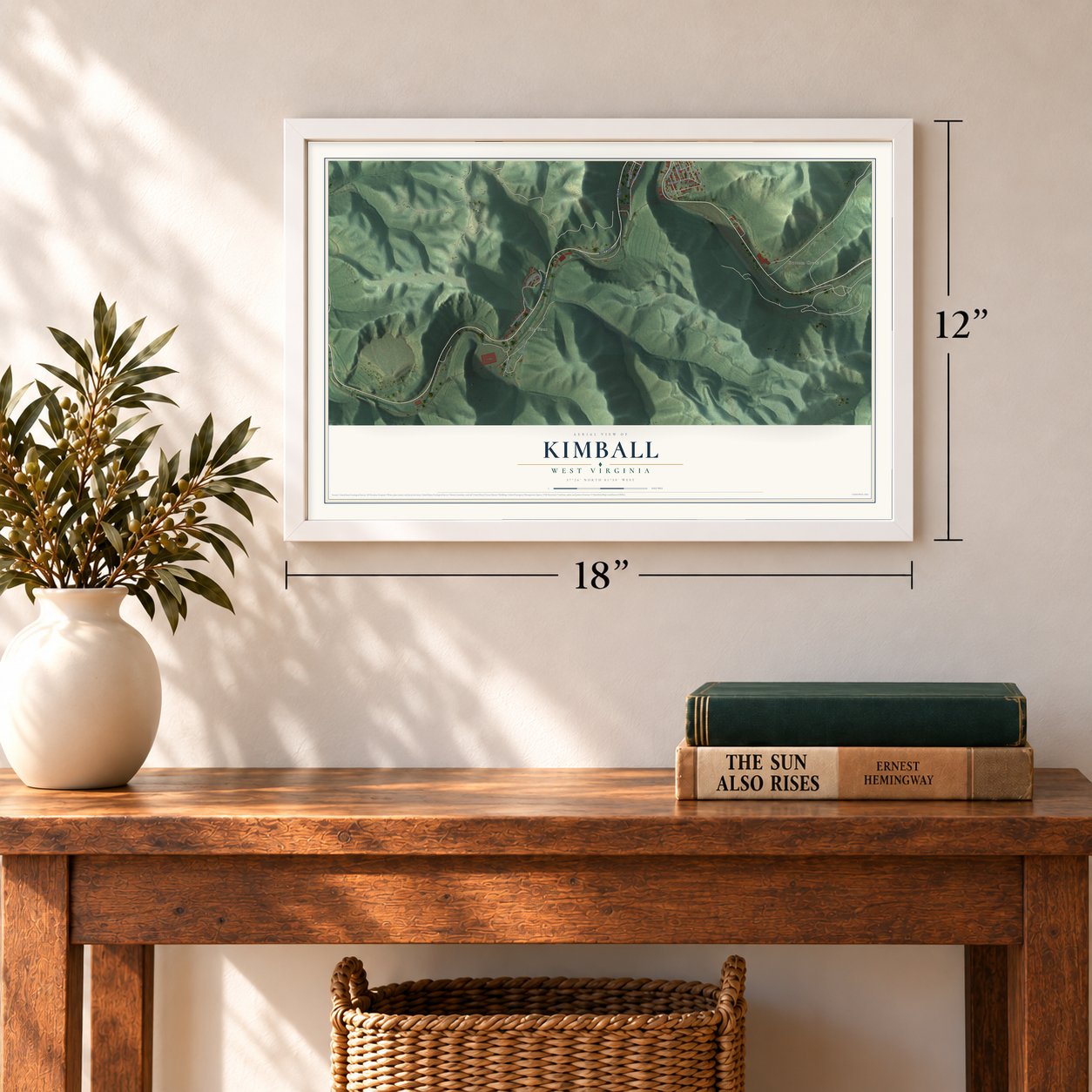 Kimball, West Virginia map, 12 x 18 inch print in a white frame in an entryway