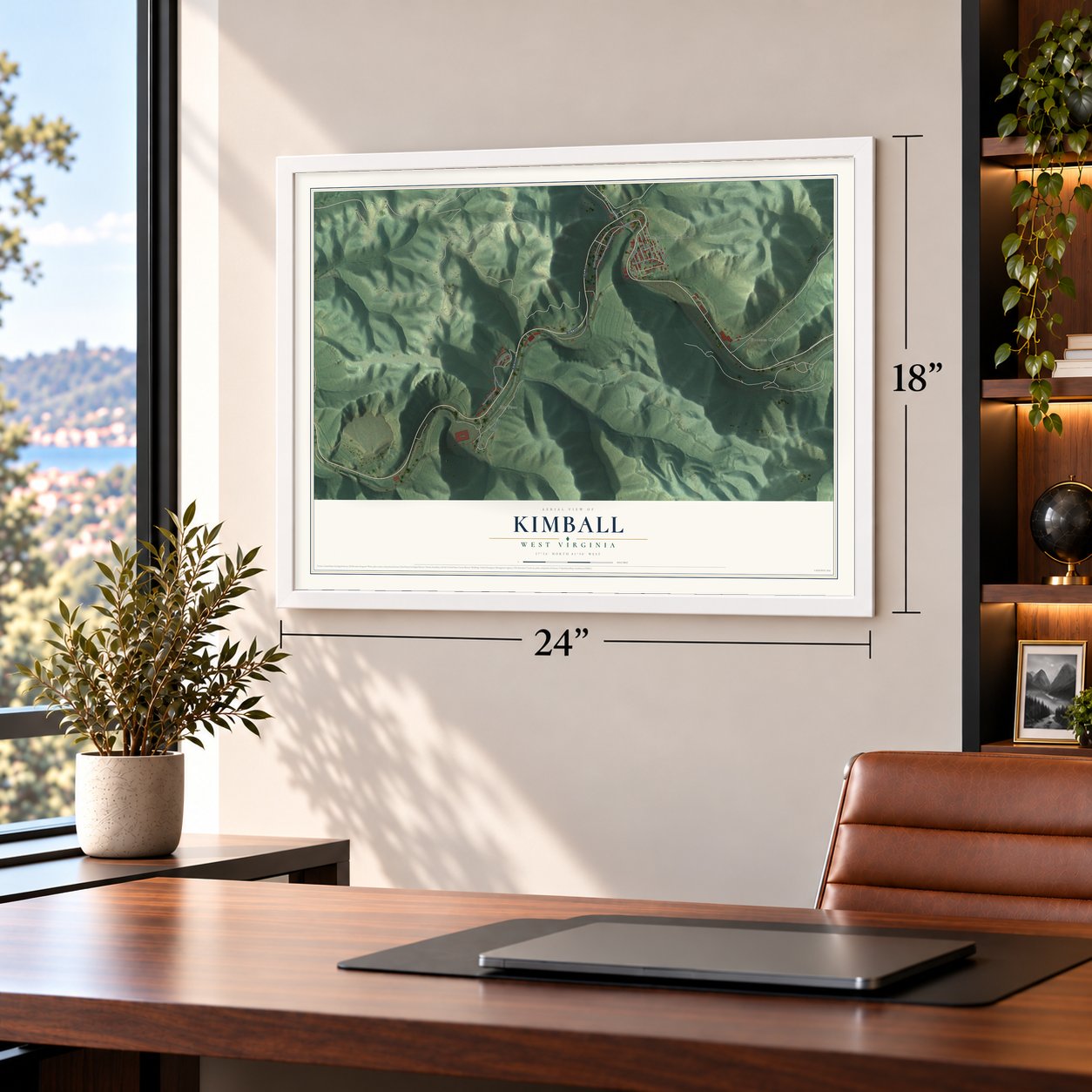 Kimball, West Virginia map, 18 x 24 inch print in a white frame in a home office