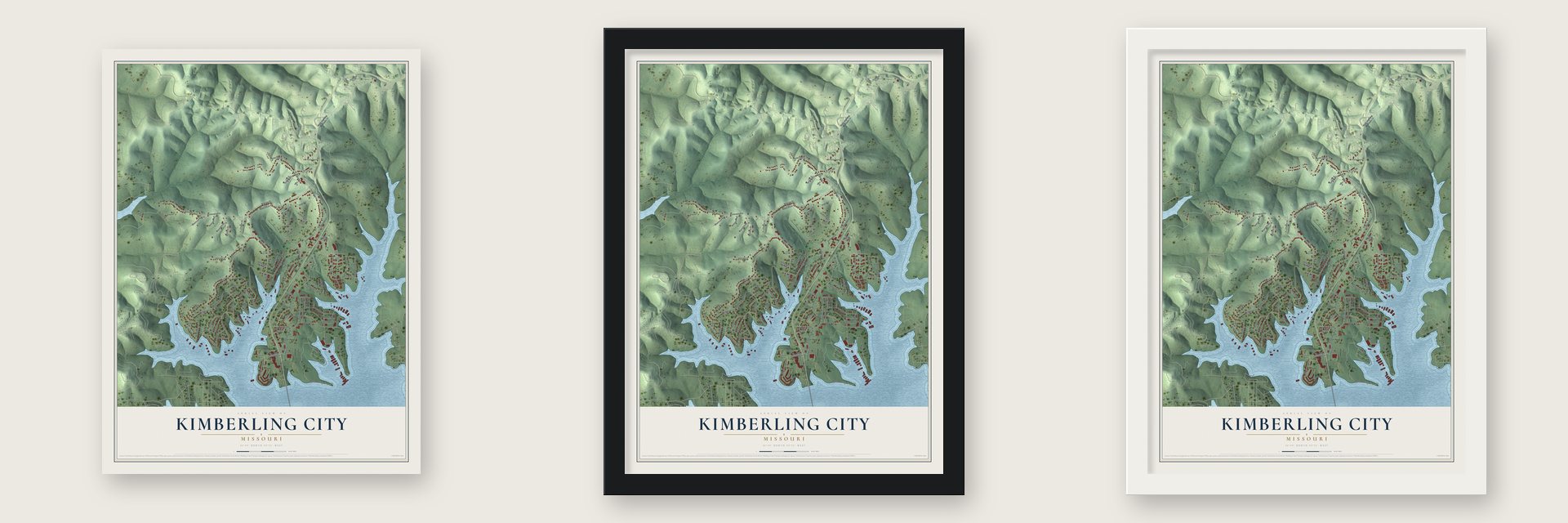 Kimberling City, Missouri map unframed, in a black wood frame and in a white wood frame