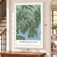 Kimberling City, Missouri map, 24 x 36 inch print in a white frame by a staircase