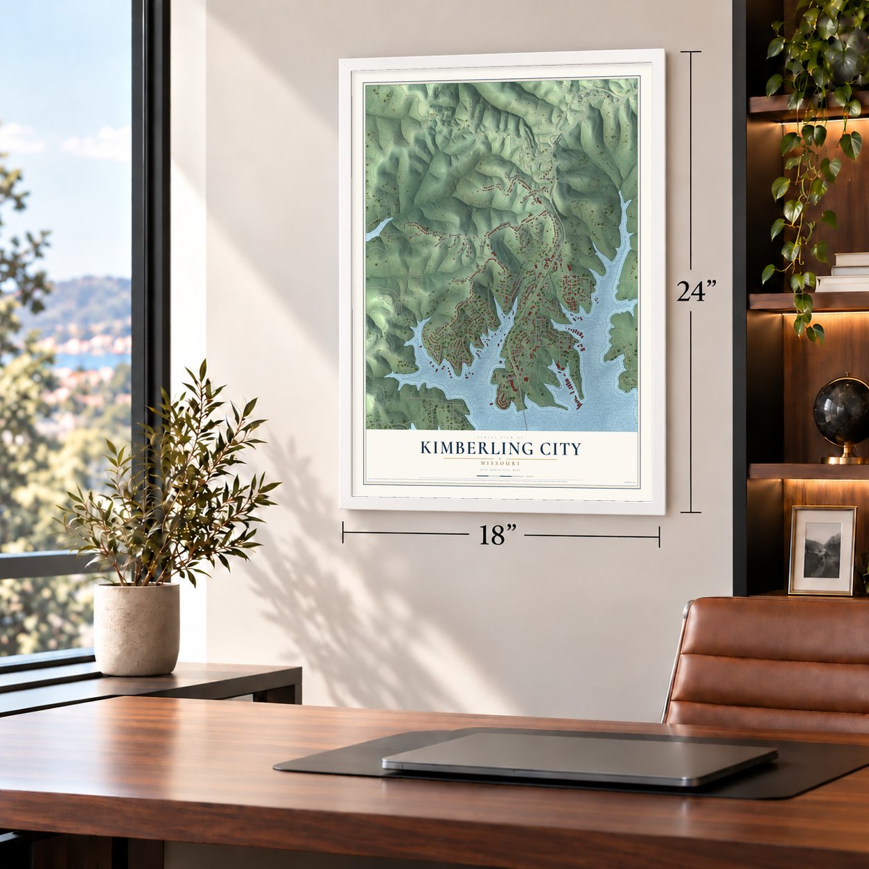 Kimberling City, Missouri map, 18 x 24 inch print in a white frame in a home office