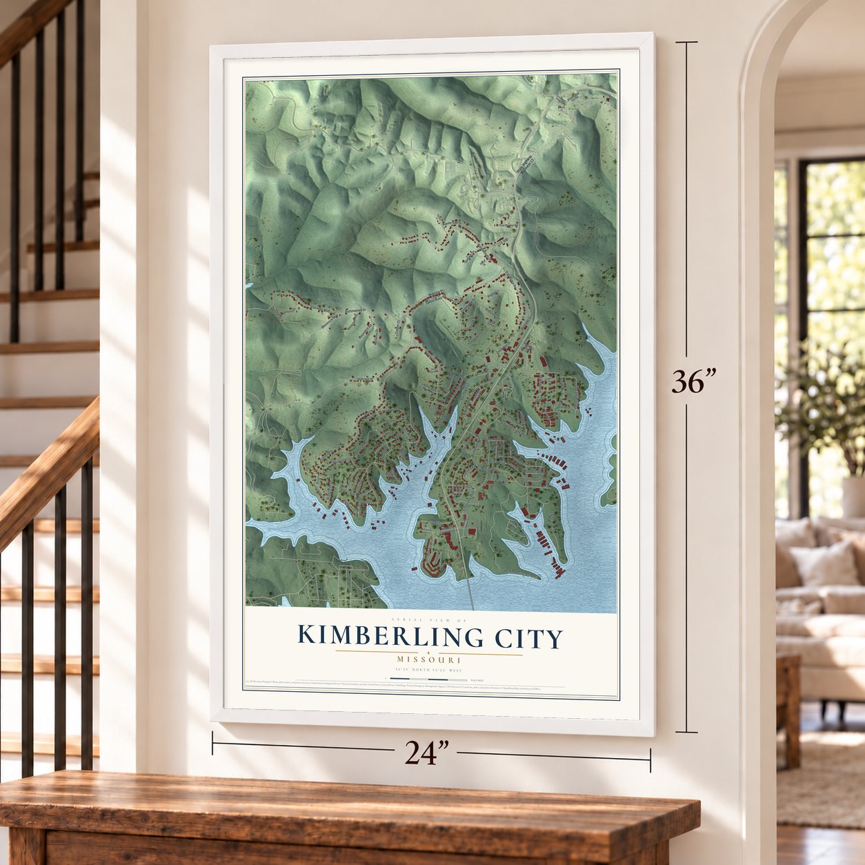 Kimberling City, Missouri map, 24 x 36 inch print in a white frame by a staircase