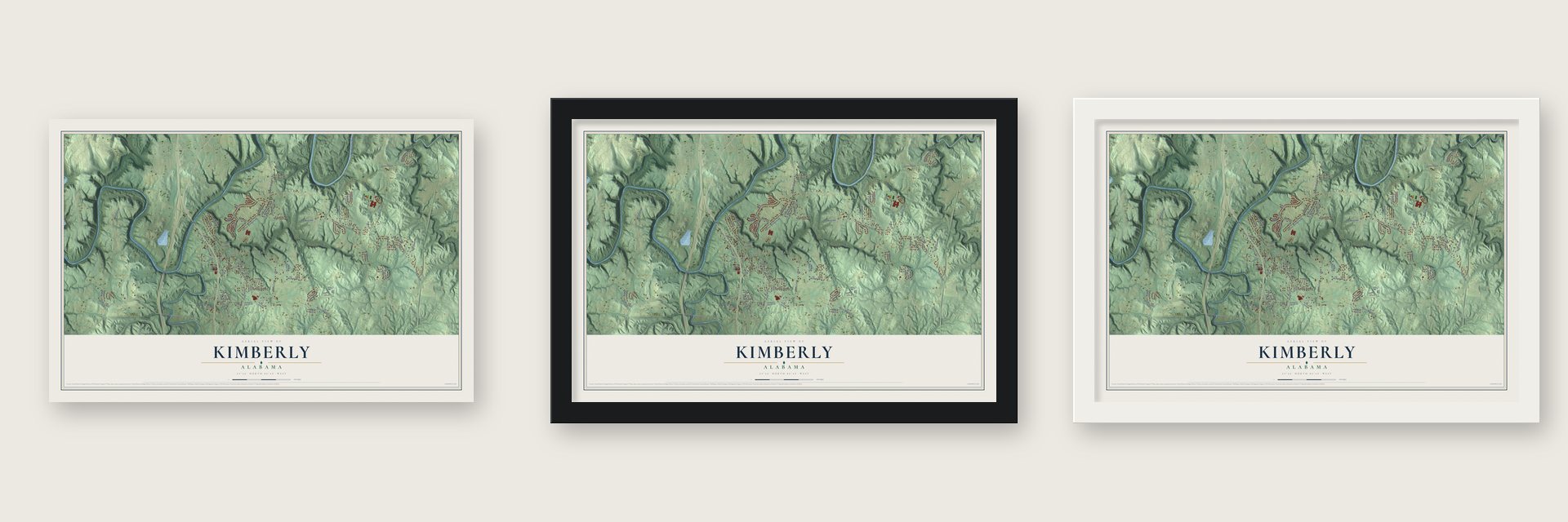 Kimberly, Alabama map unframed, in a black wood frame and in a white wood frame