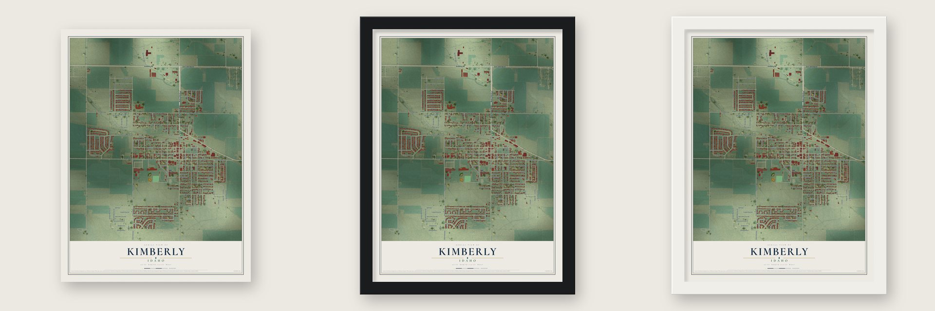 Kimberly, Idaho map unframed, in a black wood frame and in a white wood frame