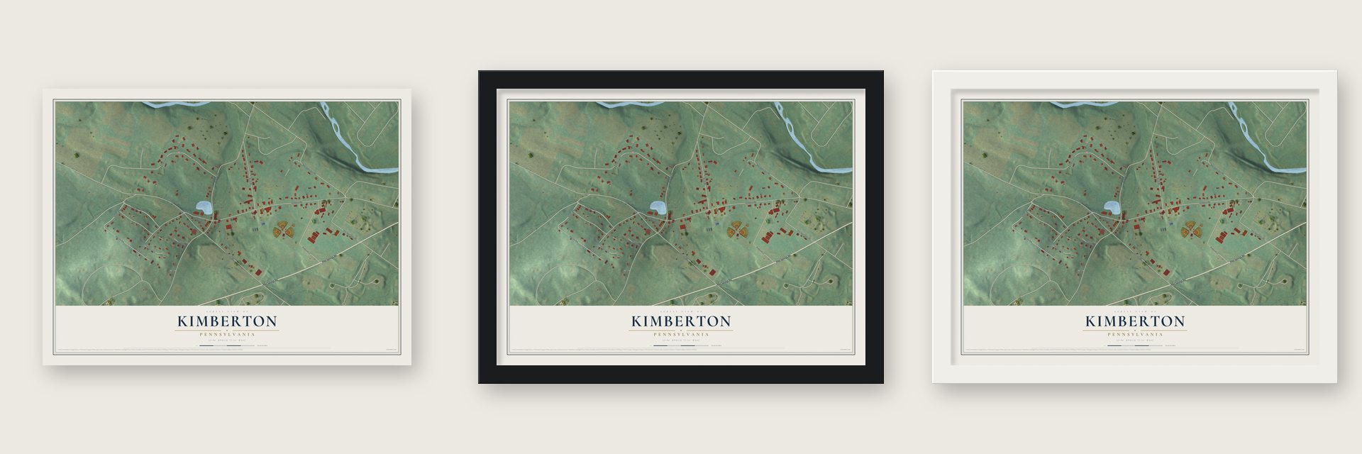 Kimberton, Pennsylvania map unframed, in a black wood frame and in a white wood frame