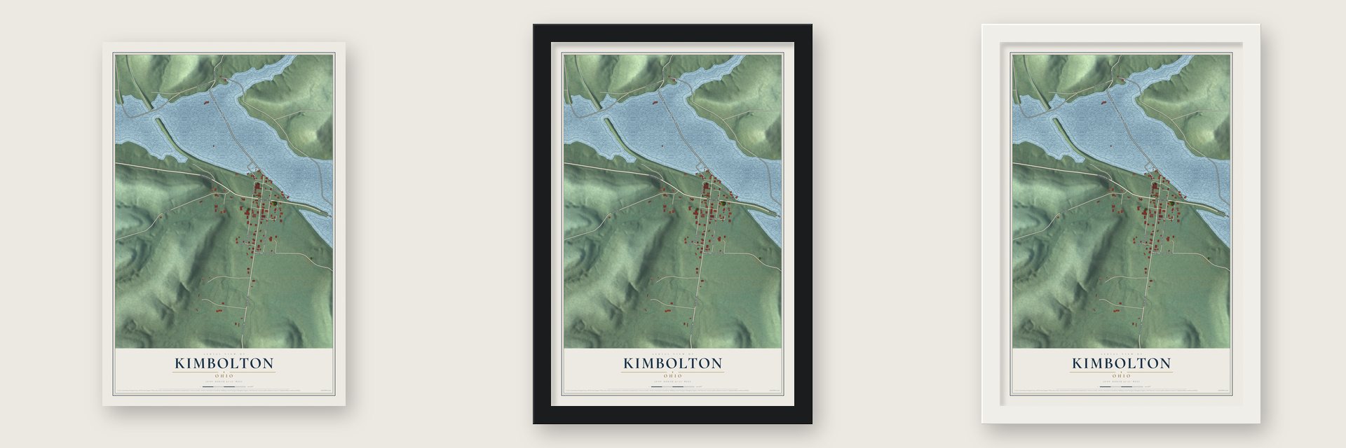 Kimbolton, Ohio map unframed, in a black wood frame and in a white wood frame