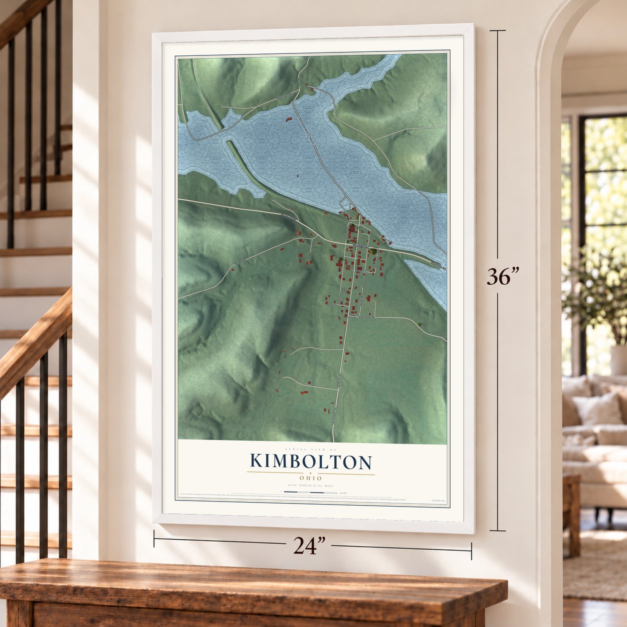 Kimbolton, Ohio map, 24 x 36 inch print in a white frame by a staircase