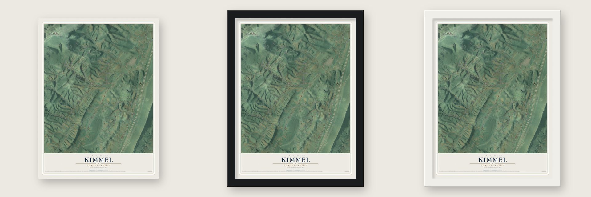 Kimmel, Pennsylvania map unframed, in a black wood frame and in a white wood frame
