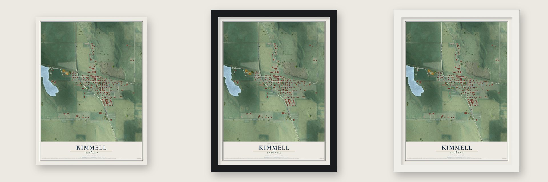 Kimmell, Indiana map unframed, in a black wood frame and in a white wood frame