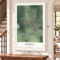 Kimmell, Indiana map, 24 x 36 inch print in a white frame by a staircase