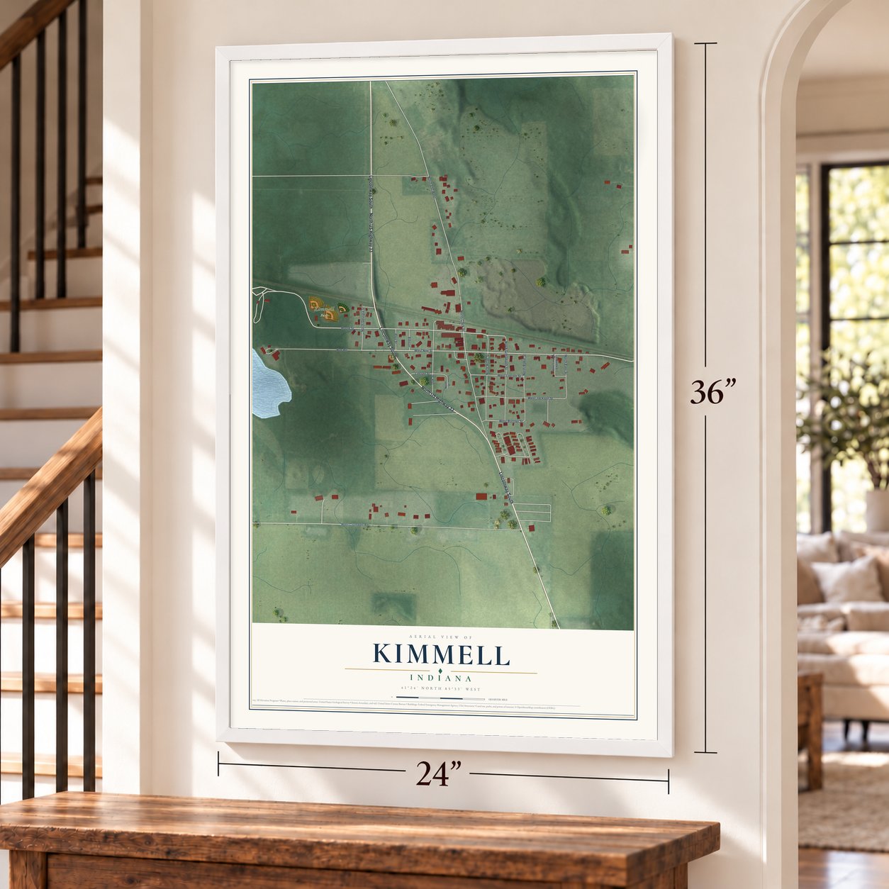 Kimmell, Indiana map, 24 x 36 inch print in a white frame by a staircase