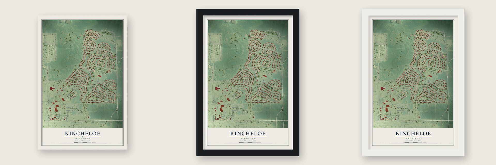 Kincheloe, Michigan map unframed, in a black wood frame and in a white wood frame