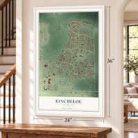 Kincheloe, Michigan map, 24 x 36 inch print in a white frame by a staircase